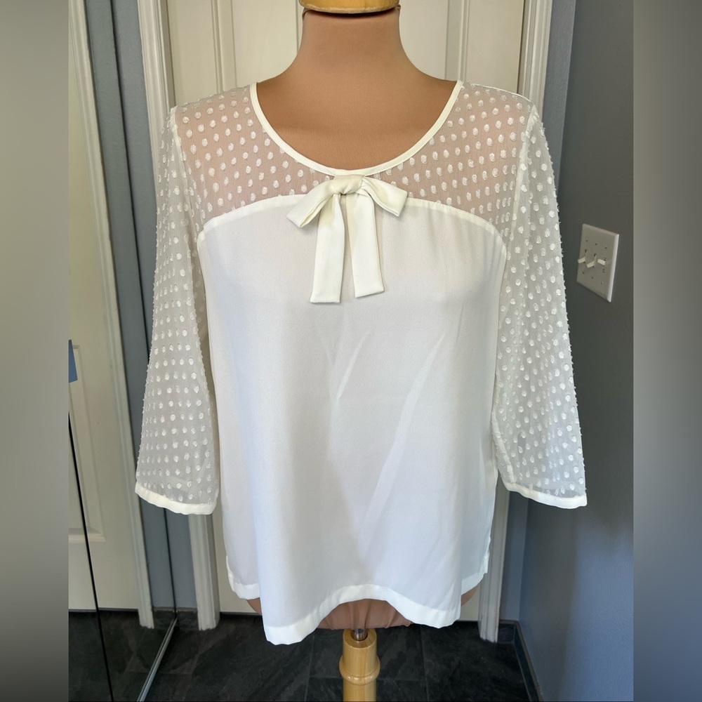 Hinge Women's Ivory Blouse Size Small Bow Swiss Dot Coquette Preppy